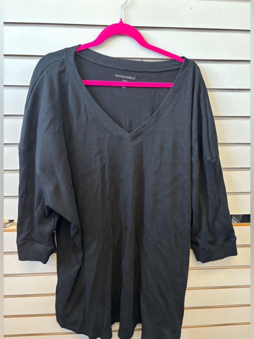 Woman Within Charcoal V-Neck Waffle Knit Top